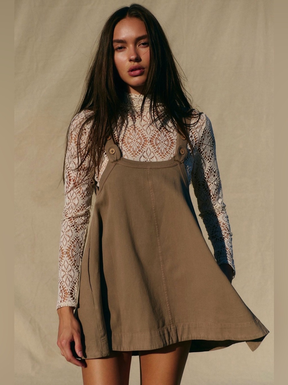 Free People Khaki A-Line Pinafore Swing Dress